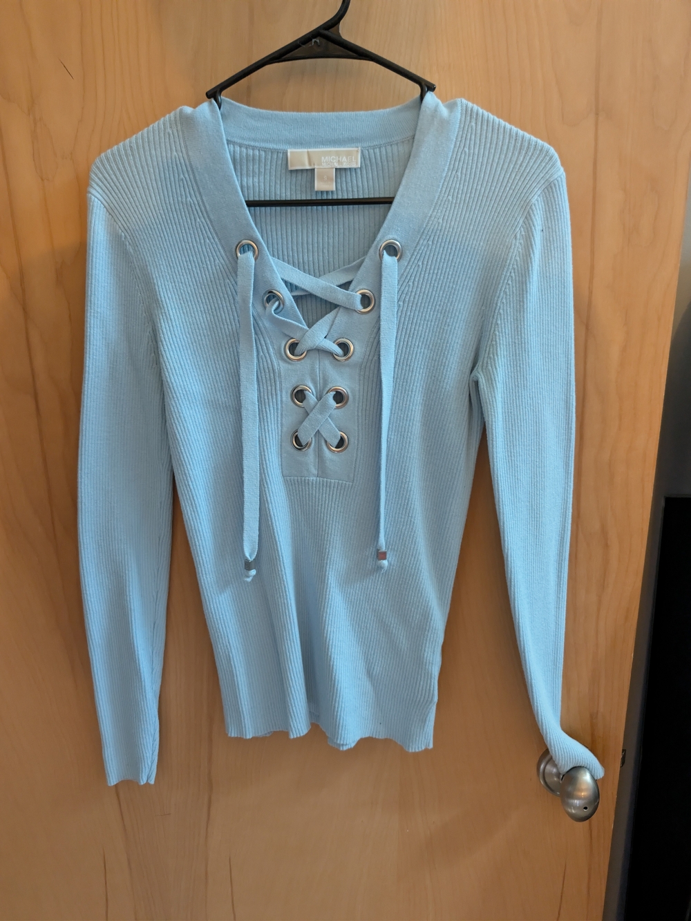 MICHAEL Michael Kors Light Blue Lace-Up Ribbed Sweater Top